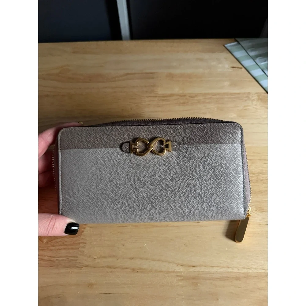 Kate Spade Toujours Colorblock Zip Around Continental Wallet Grey Taupe Leather